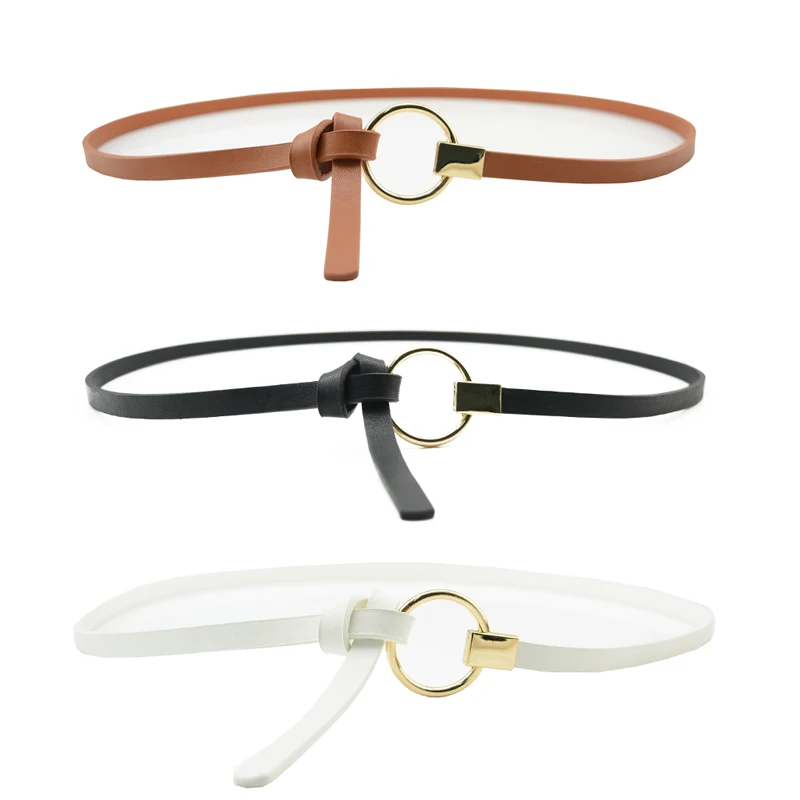 

Fashion Thin PU Leather Waistbands Gold Round Buckle Belts For Women Dresses Circle Waist Rope Casual Luxury Student Strap Belt