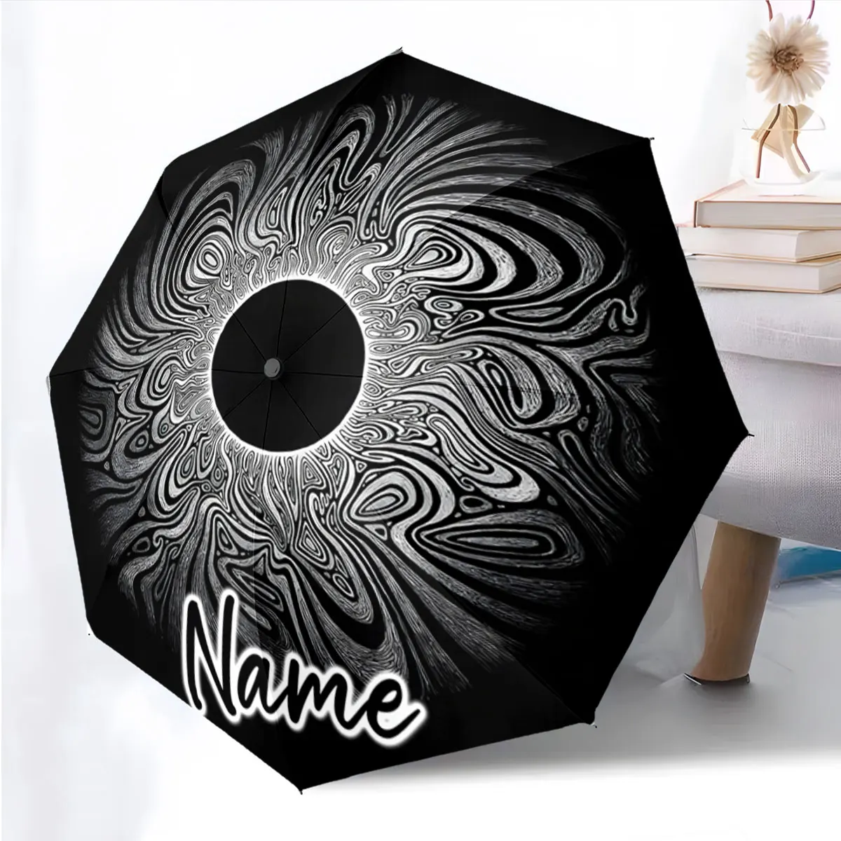 Custom Name Umbrella Hypnotic Swirls on Black Umbrella Canvas Print 8 Iron Ribs Folding Umbrella Auto-Open Fashion Sunshade