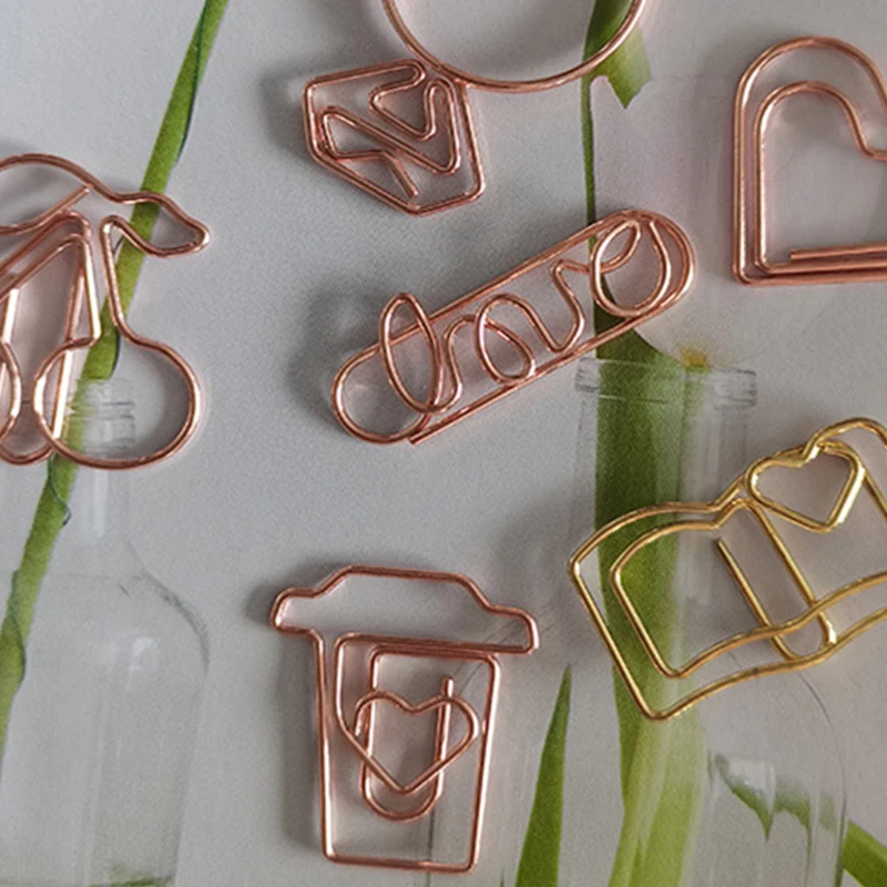 10Pcs/Lot Creative Paperclip Rose Gold Metal Paper Clip Decorative Bookmark Binder Shaped Clips Cute Stationery Office Supplies