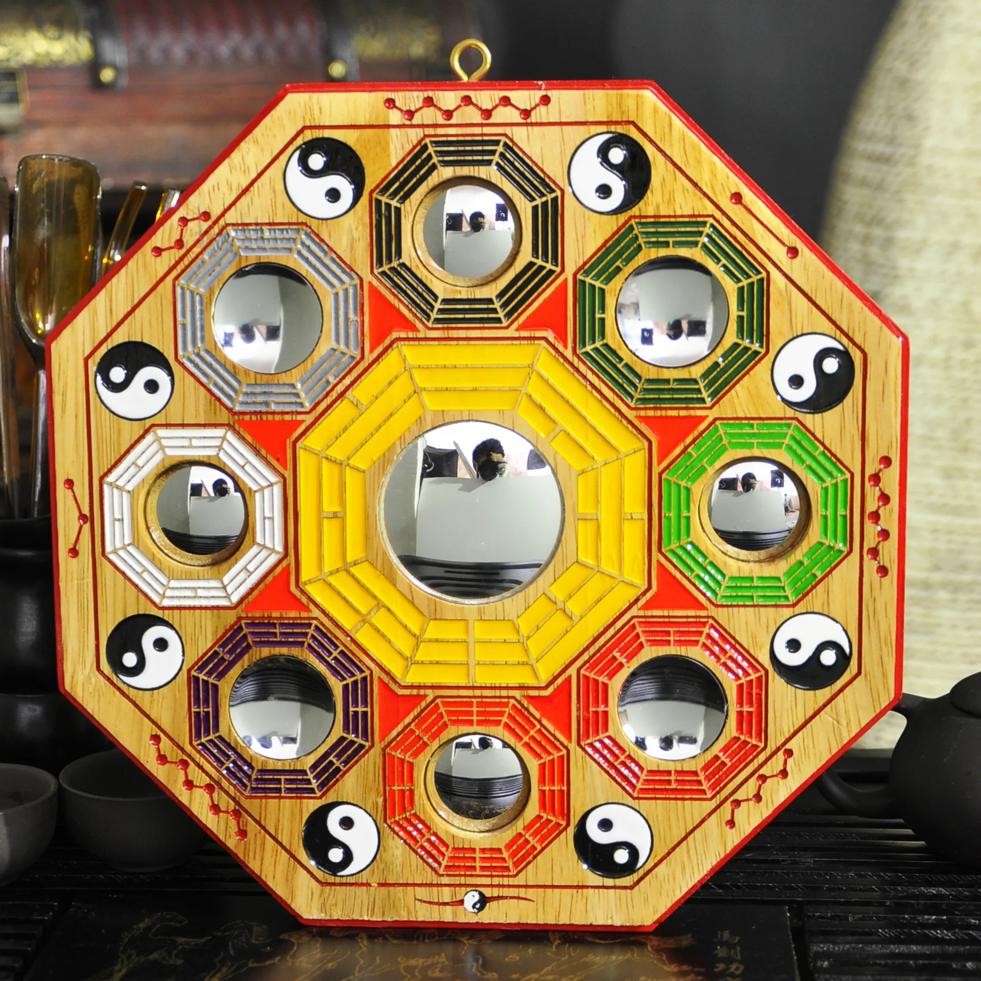 Mahogany Bagua Mirror Feng Shui Wall Hanging Lucky Blessing Yin Yang Pendant Taoist Talisman Convex Concave Mirror Home Decor