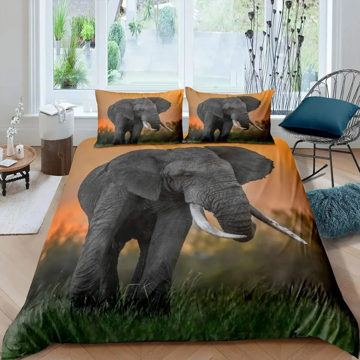 3D Elephant Duvet Cover Set Queen Size African Safari Animal Comforter Set Wildlife Bedding Set Retro Wall Decor Bedspread Cover