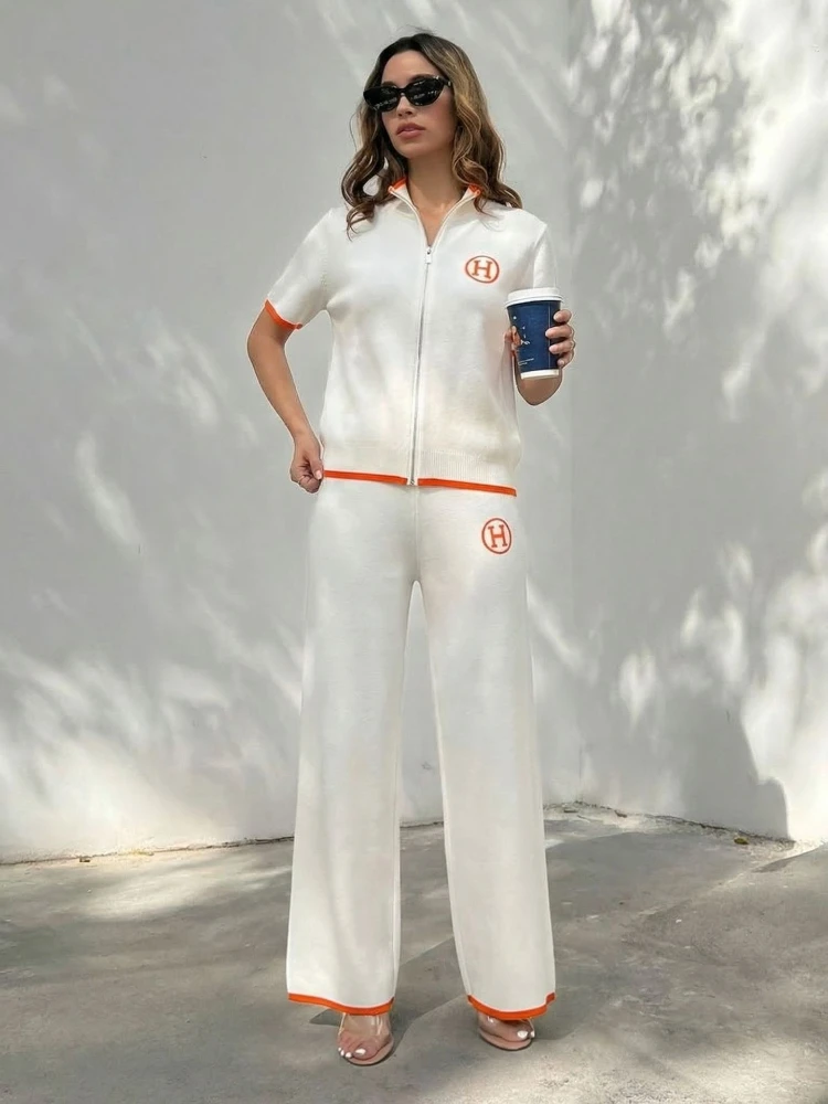 

New European fashion letter zipper short sleeved cardigan casual pants two-piece set for women in the summer of 2025
