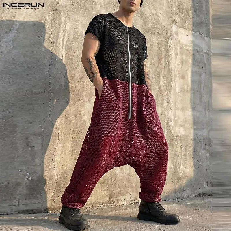 INCERUN Men's Jumpsuits Mesh Patchwork Color-block Zipper Rompers For Man Streetwear Loose 2026 Short Sleeve Fashion Overalls view 2