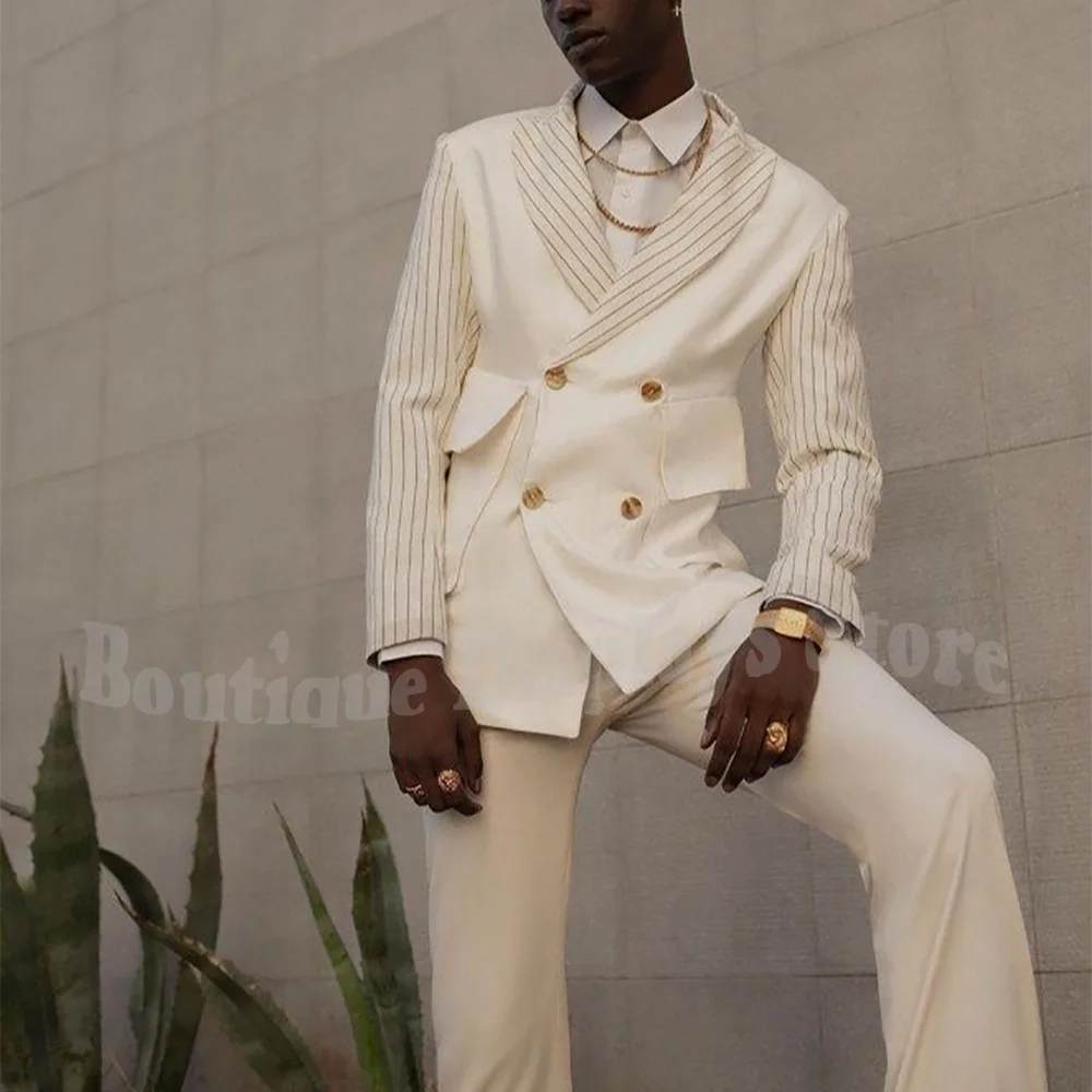 

New Design Men Suit Contrast Elegant Shawl Lapel Double Breasted Straight Casual Fashion Outfit Banquet Prom Blazer Set Male