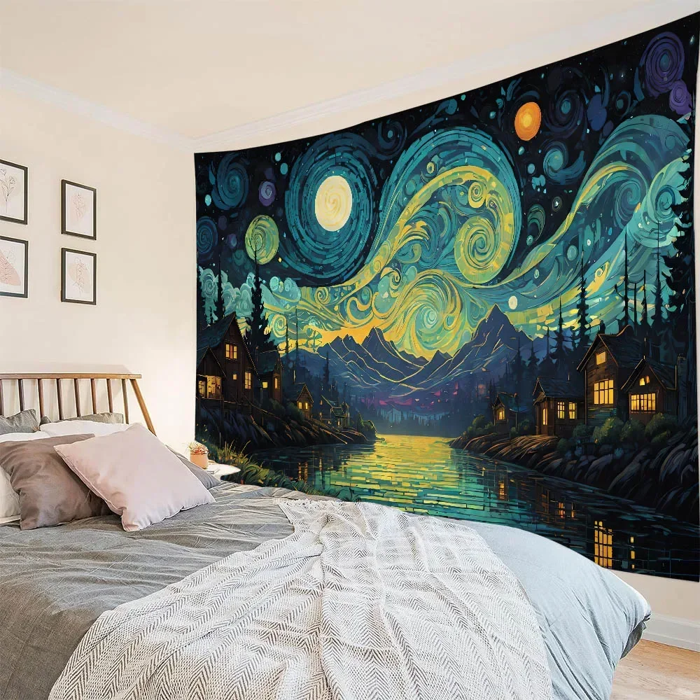 Starry Sky Tapestry Van Gogh Oil Painting Wall Hanging Retro Style Background Poster Home Art Decoration Studio Fabric Mural