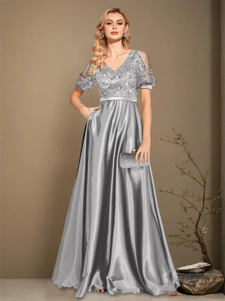 XUIBOL Lucyinlove Elegant Short Sleeve Satin Formal Evening Dress 2024 Luxury Women Mermaid Wedding Party Dress Cocktail Prom