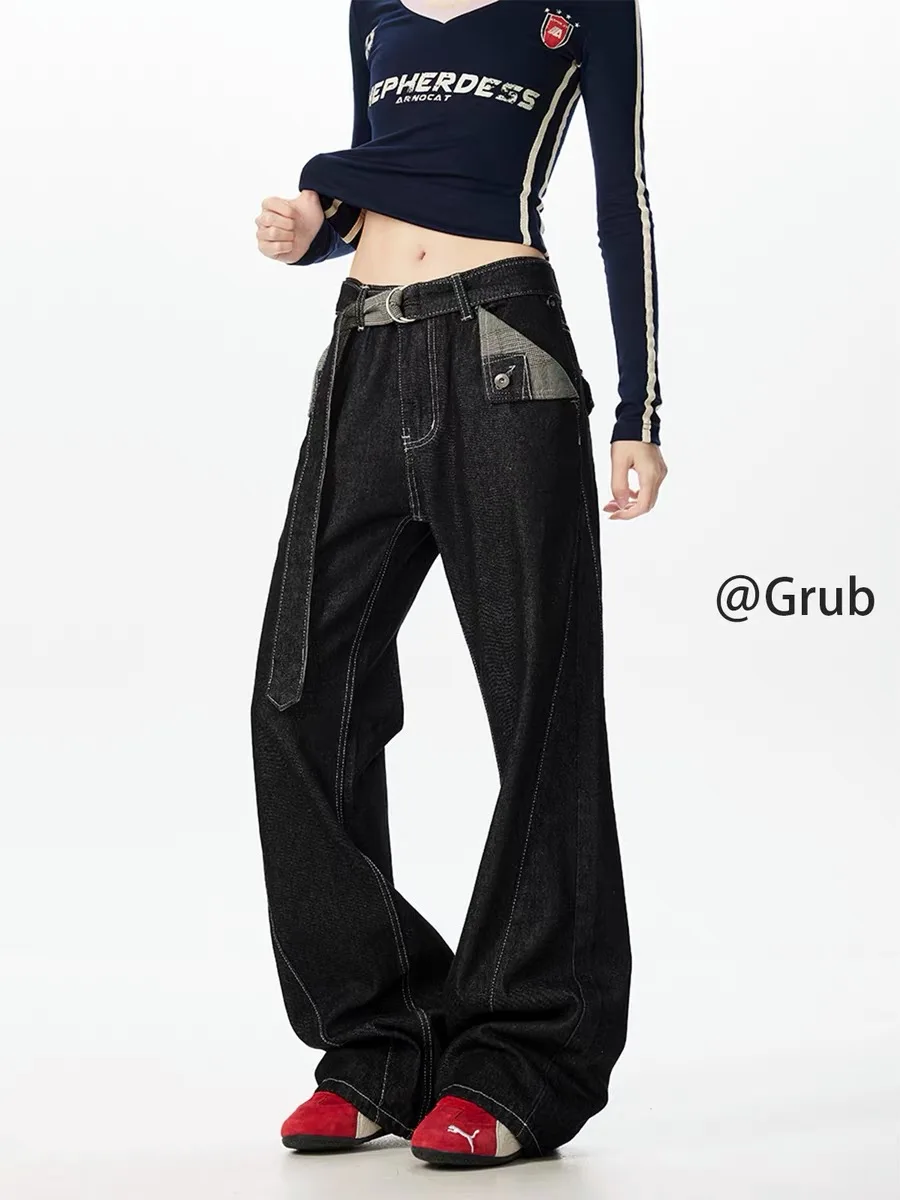 

American Sle Splicing Denim Jeans Women's Spring Summer Thin High Waist Vintage Design Slimming Long Pants Casual Wear