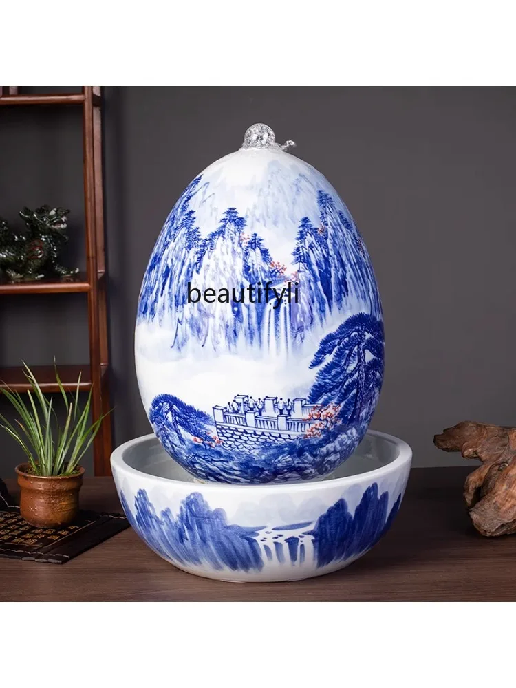 Crystal Ball Water Fountain Fish Farming Hand-Painted Ceramic Decoration Living Room Office Indoor Desktop Fengshui Wheel