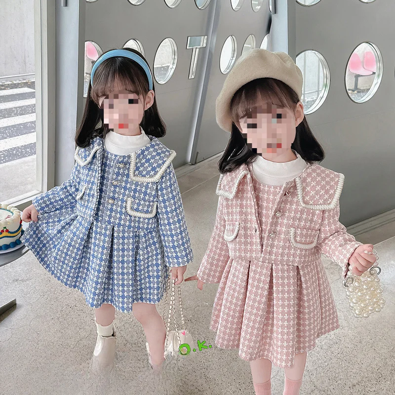 

Girls Suits Dress Set Child Korean Version Style Cardigan Lapel Top Fashion Skirt Checkered Two-piece Set Clothes Simple Casual