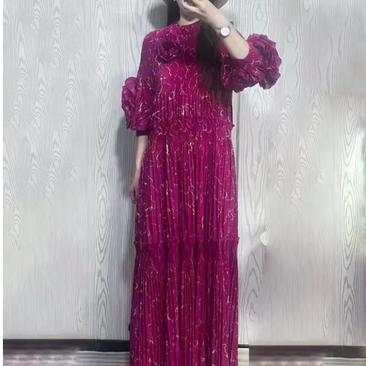 Gonna Lunga Floreale da Donna per Autunno e Inverno, Vestibilità Ampia e Snellente, Stile Mamma, Blu, Vita Alta, in Fibra di Poliestere