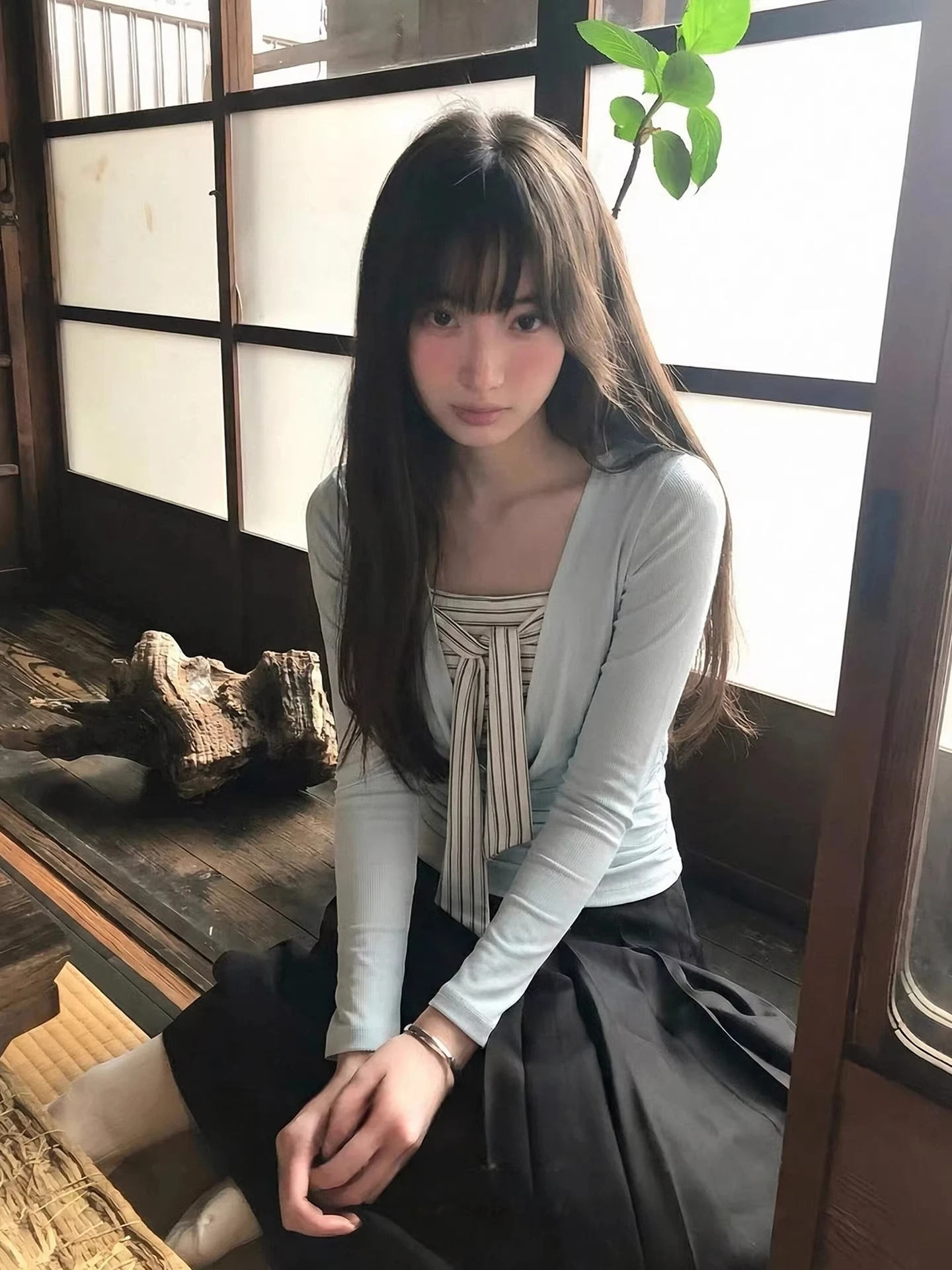 Blue Striped Long Sleeve Women's Top Korean Style Slimming Wrap Vest Spring Fashion Casual Wear V-Neck Two-Piece Set