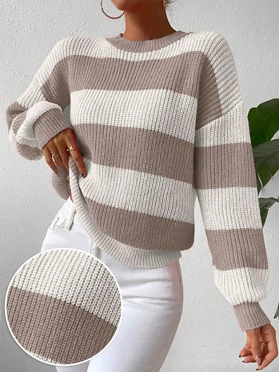 

Women's Loose Fit Striped Knit Pullover Sweater with Drop Shoulder and Ribbed Cuff
