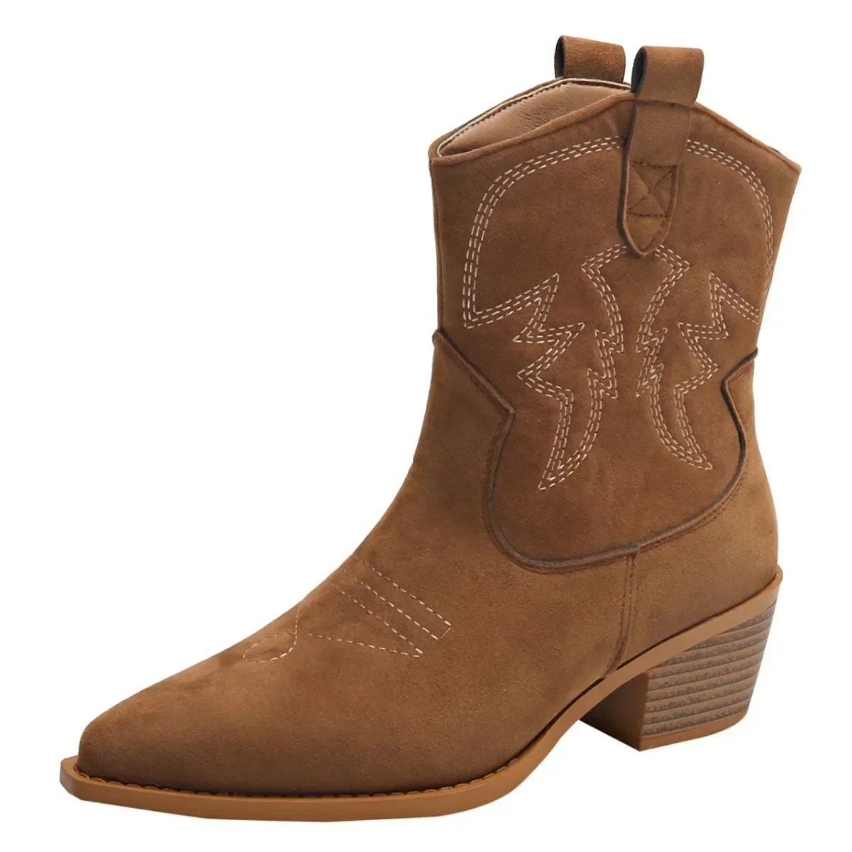Nowe haftowane buty ze szpiczastym noskiem Buty rycerskie na grubym obcasie Retro Slip on Western Cowboy Short Boots Botas De Mujer 2025 — zdjęcie 6