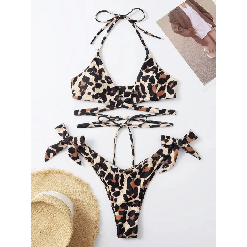 New Bikini Lady Sexy Leopard Print Bandage Lace-up Split Swimsuit Hot Sale