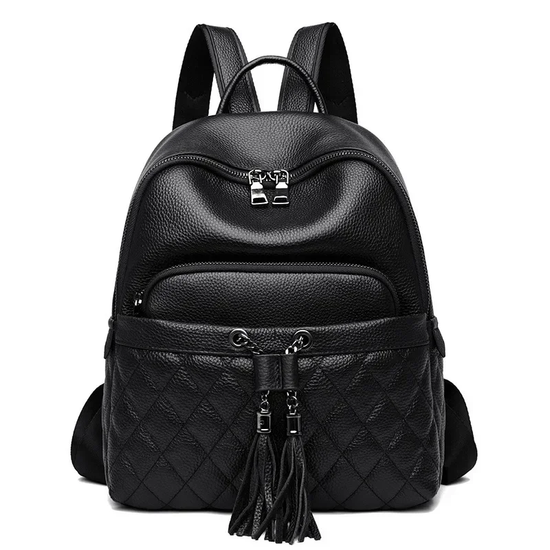 2024 New Fashion Luxury Brand Cow Genuine Leather Women Backpacks Female Tassel Girl Student Korean Casual Designer Backpack