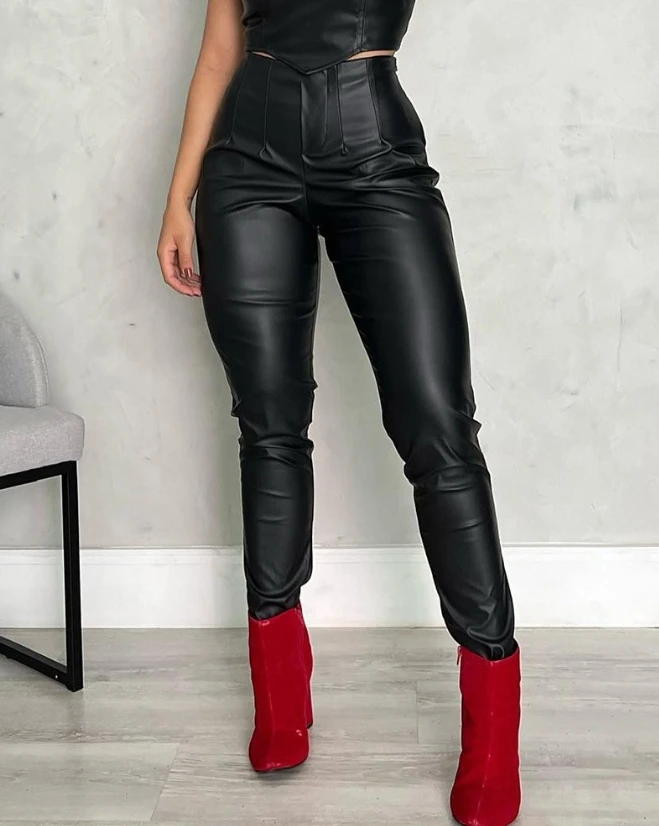 Black Pants 2023 New Hot Selling Fashion Women's Small Feet Long Pants Tight Fit Noble High Waist Pu Leather