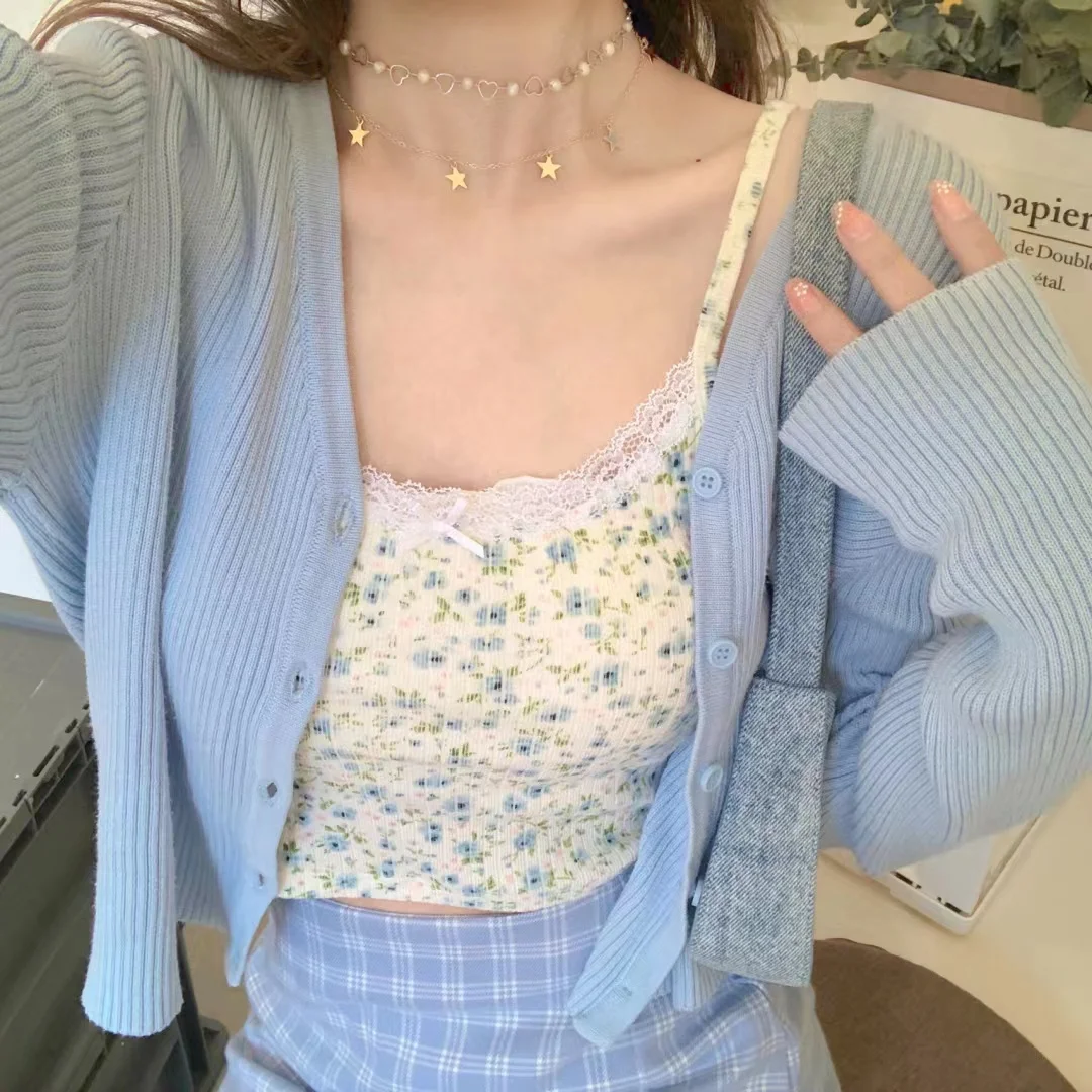 Cárdigan Abierto de Punto Azul para Mujer, Color Puro, Acanalado, Estilo Brandy Girl, Nuevo, Primavera, Algodón, Cuello en V, Manga Larga, Chaqueta Corta