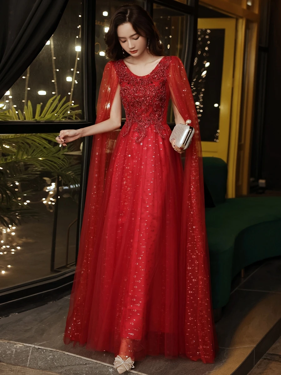 Luxury Wine Red Long Evening Dresses With Appliques Elegant Scoop Neck A-Line Floor-Length Sequined Tulle Prom Gowns 2022