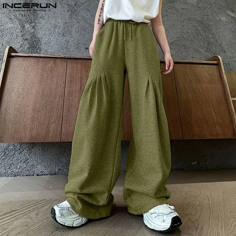 INCERUN 2024 Korean Style Stylish Trousers Mens Pleated Craft Design Pant Leisure Rubber Waist Drawstring Sports Pantalons S-5XL