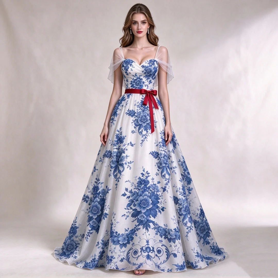 Off Shoulder Blue Floral Print Evening Dress 2027 Red Sash Bow Lace Up Back A Line Chiffon Formal Prom Wedding Guest Gown Custom