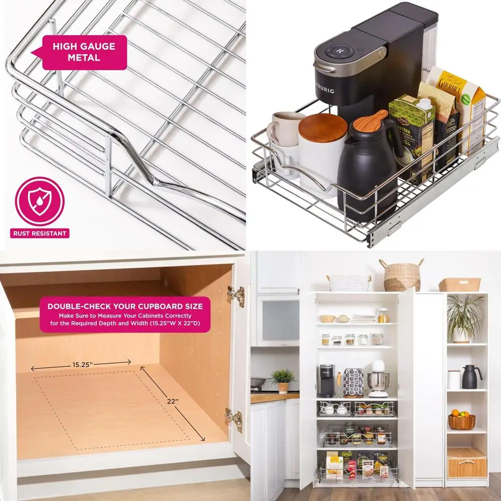 

Прочный выдвижной органайзер для шкафа премиум-класса, 14Ш x 21Г x 5В, хромированная отделка с защитой от ржавчины