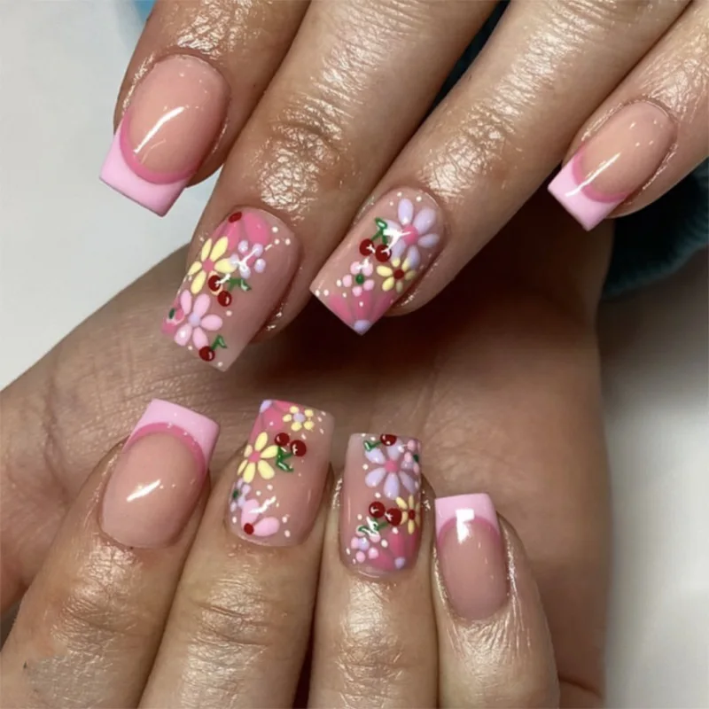 

24Pcs Mid-length Square Head False Nails Press on Pink French Flower Cherry Design Full Cover Nails Tips Art Reusable Fake Nails