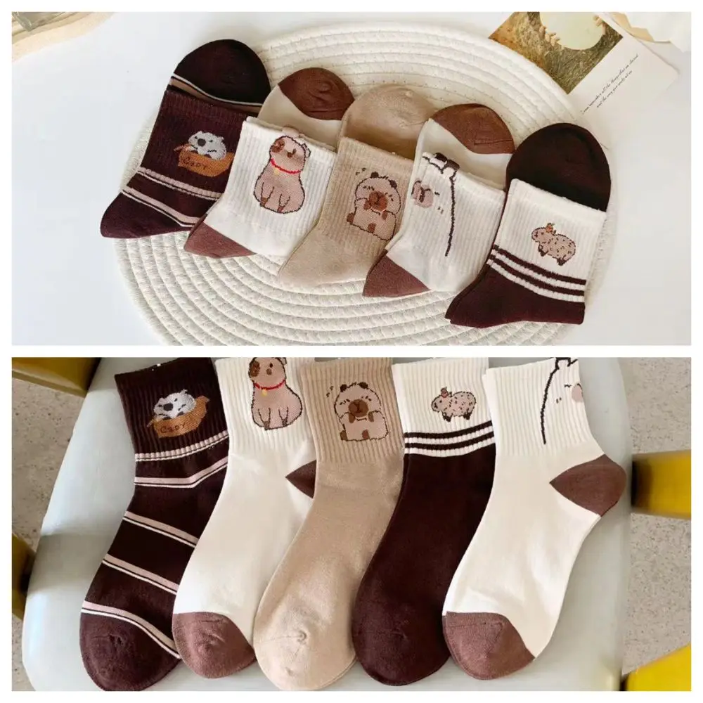 5Pairs Breathable Mid-calf Capybara Socks Cute Patchwork Cartoon Socks Cotton Hosiery Tube Socks Women Spring