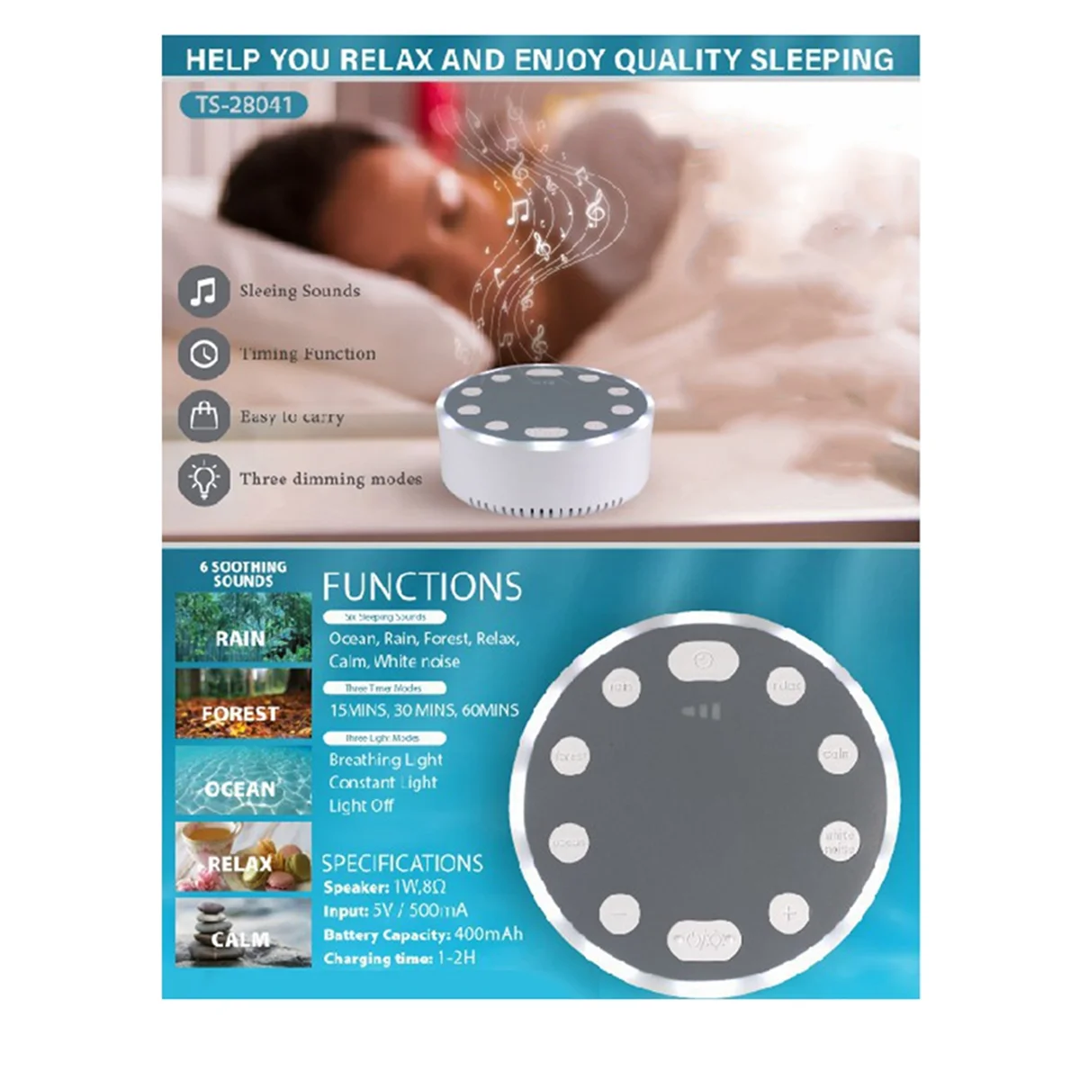 Baby White Noise Machine USB Rechargeable White Noise Sound Machine Baby Sleep Sound Player Night Light for Home Office -AT82