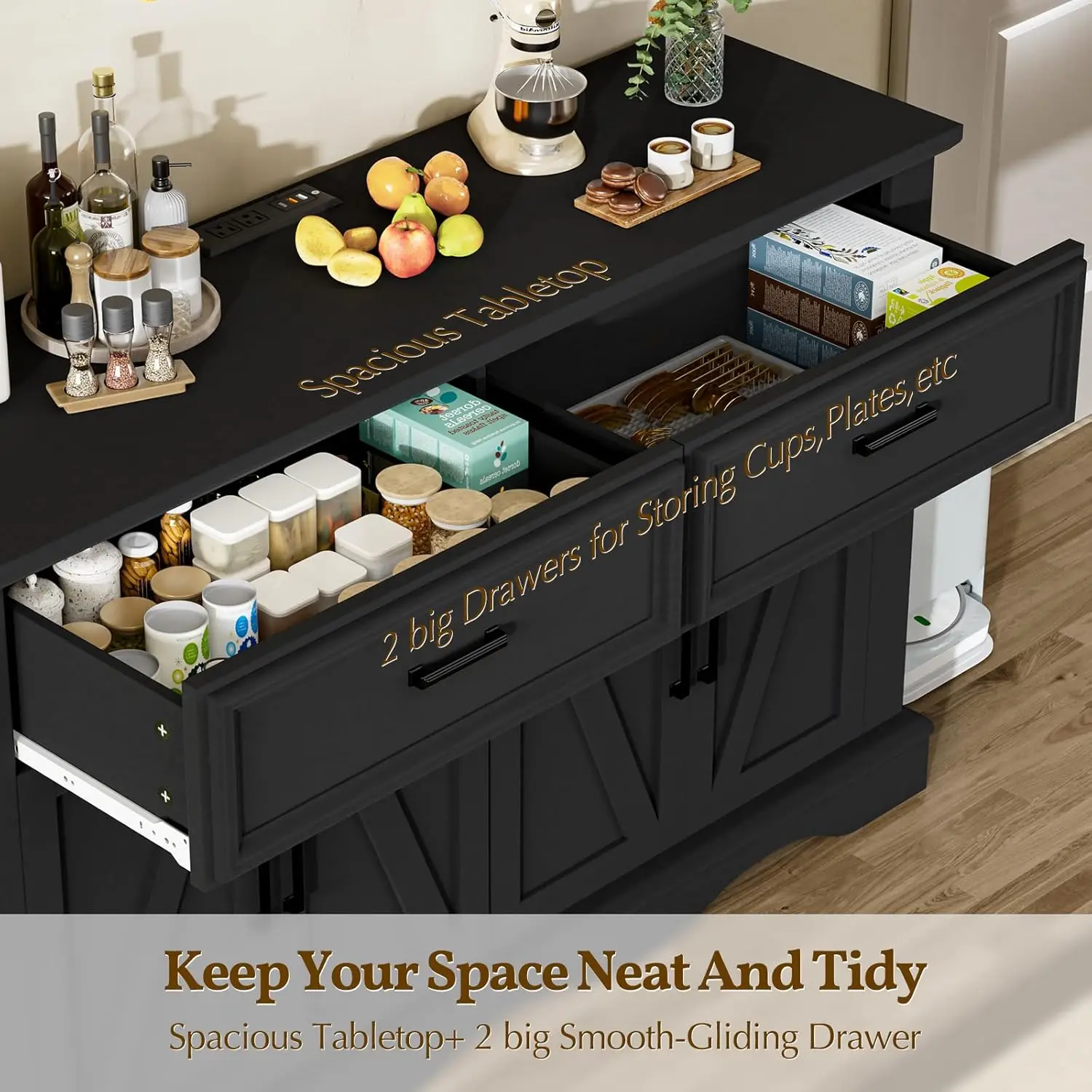 خزانة بوفيه خشبية مقاس 56 بوصة مع مساحة تخزين، وبار القهوة والنبيذ الحديث، وقاعدة مموجة، ومحطة شحن، باللون الأسود #5