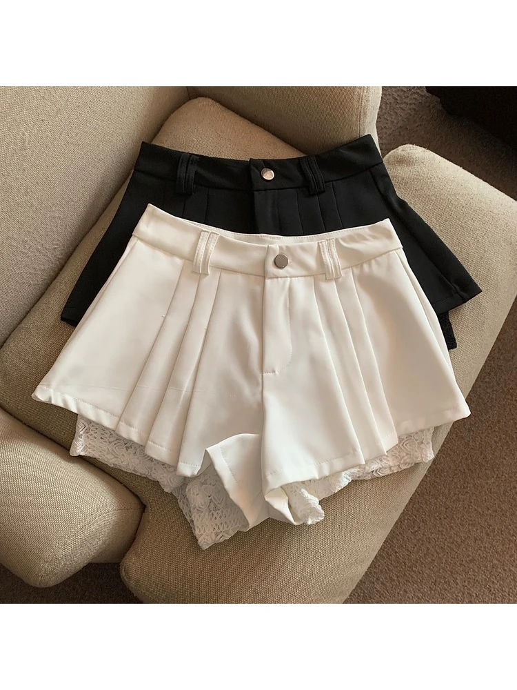 Summer Women Ballet Core Striped Lace Pleated Shorts Korean Fashion 2000s Aesthetic Gyaru Hot Pants Tide Old Money Mori Girl New