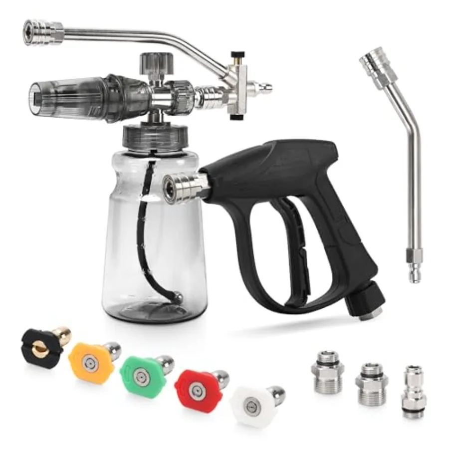 

Foam Cannon Kit for Pressure Washer Dual Connector Snow Foam Gun with Spray Gun 5 Nozzle Tips Curved Rods 3/8" Swivel Quick Con