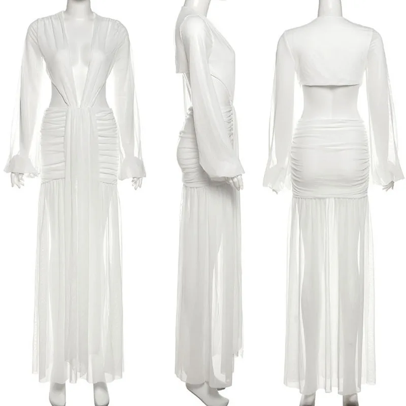 Vestidos largos sexis de fiesta con cuello en V profundo para mujer, vestido de noche de cumpleaños recortado de manga larga de malla fruncida con retazos, vestido de fiesta para discoteca