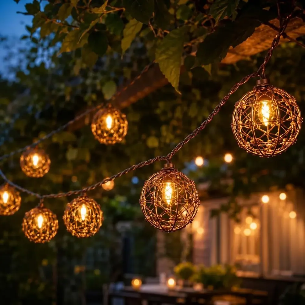 LED Outdoor Patio Lights, 8.5ft Beaded Copper Wire Ball Style Lantern Lights with 12 Mini Bulbs, Boho Lantern String Lights for