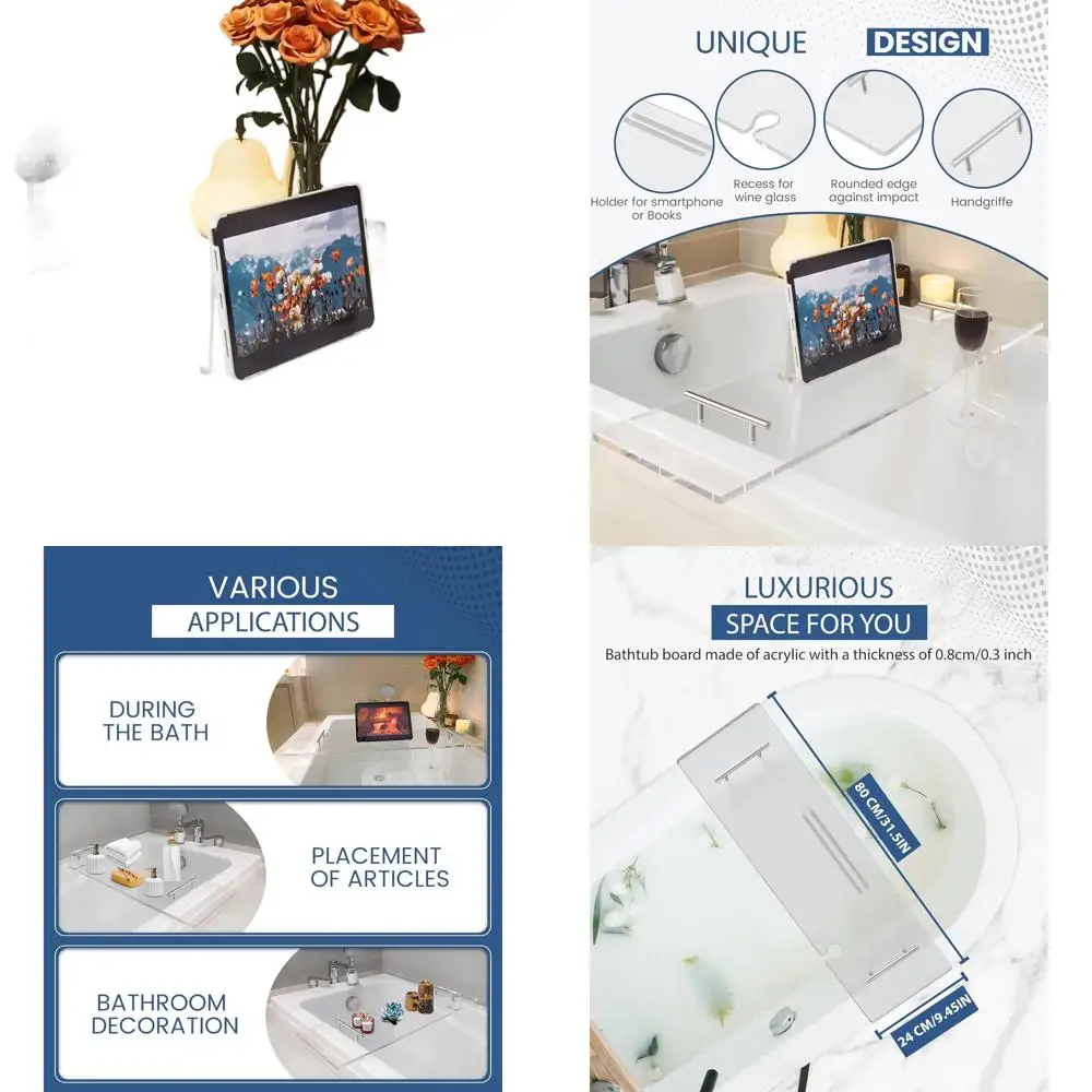 Bandeja de Lujo para Bañera de Acrílico con Soporte para Libros y Vino, Bandeja Transparente de 31.5 Pulgadas para Accesorios de Baño