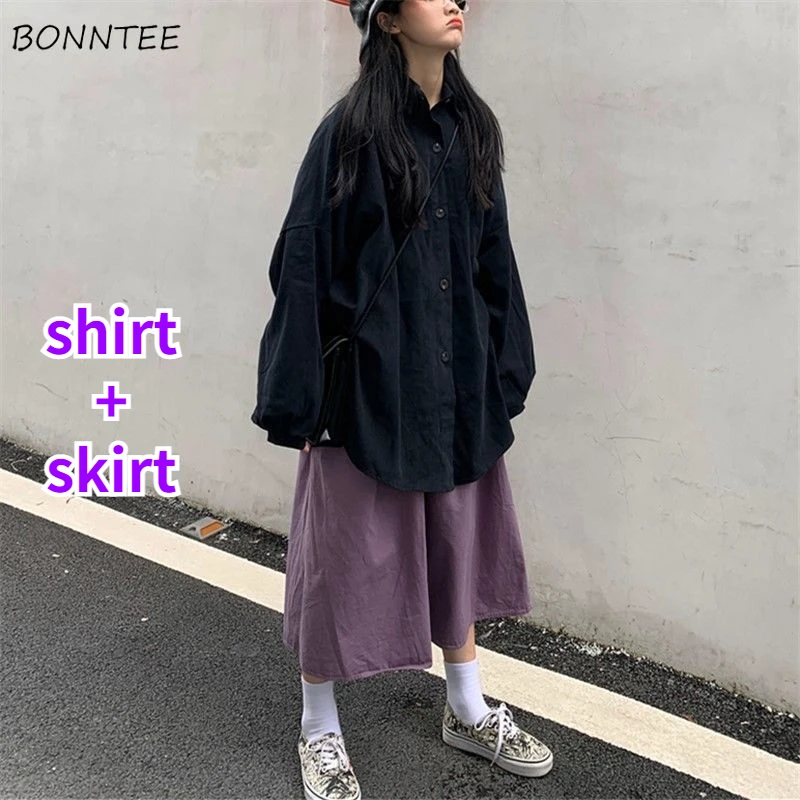 Dress Sets Women Pure Color Students Purple Simple Casual Spring Chic Ulzzang Korean Style Streetwear Loose Elegant Girl Outfits