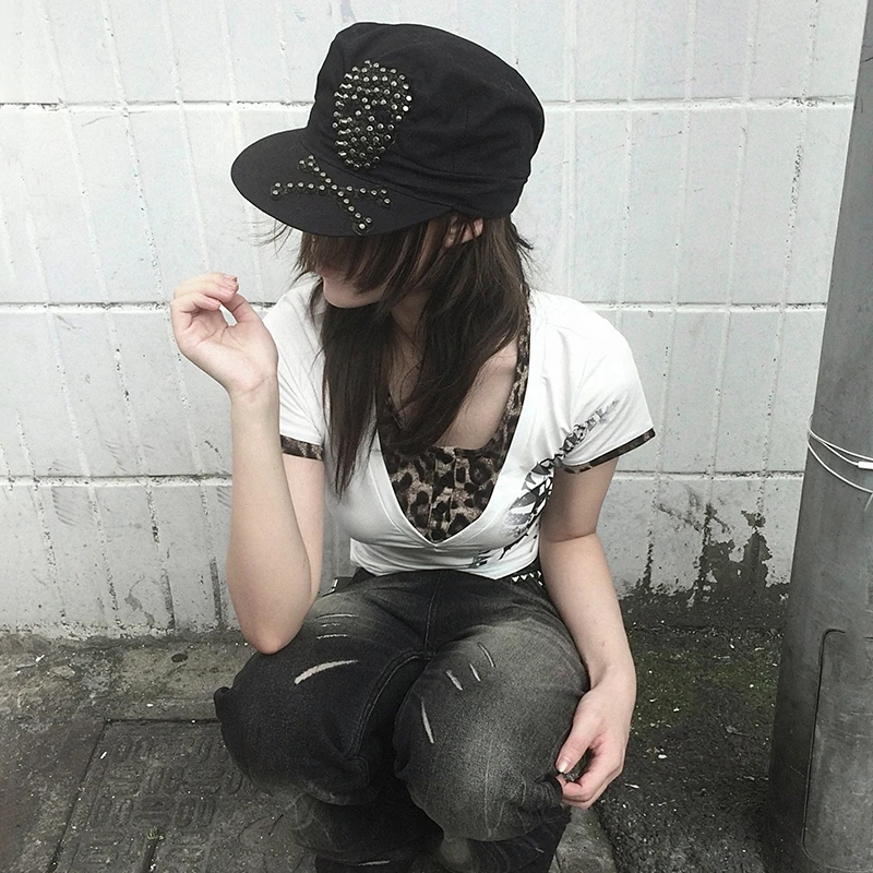 Karrcat الجرونج جماليات وهمية قطعتين بلايز Trashy 2000s نمط الوشم تي شيرت مطبوع خمر Y2k ليوبارد تي شيرت الأمريكية الرجعية