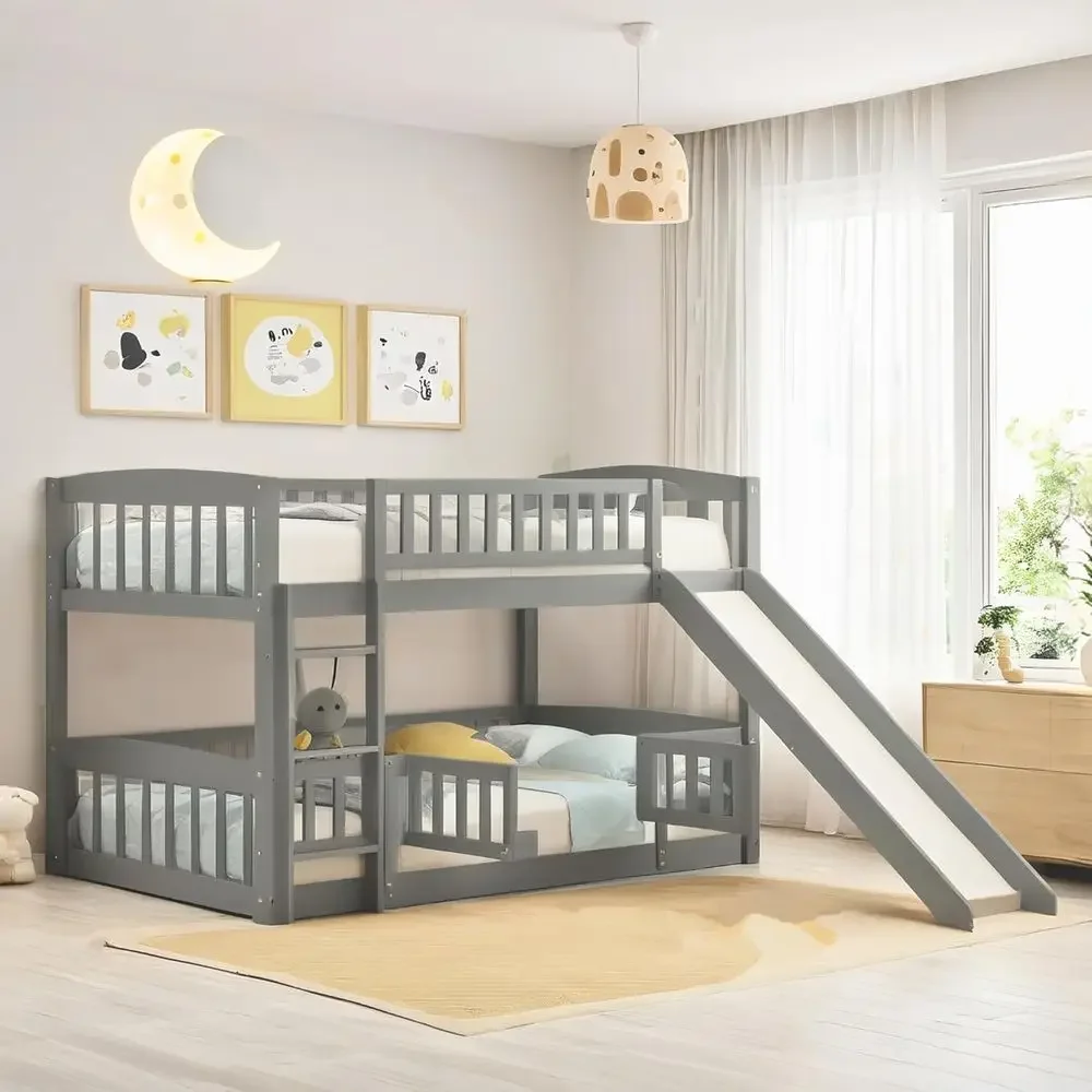 

Twin Bunk Bed with Slide, Ladder, and Side Rails for Kids, Teens, Grey