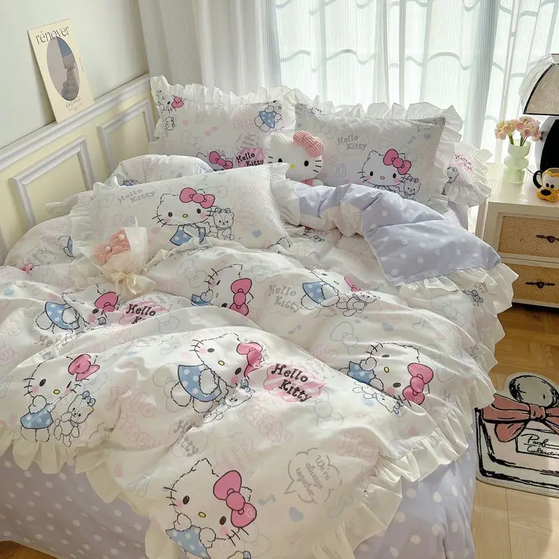 TAKARA TOMY Pure Cotton Four Piece Quilt Set Bed Sheet Girl Cartoon Kitty Cat Three Piece Set Children's Princess Style