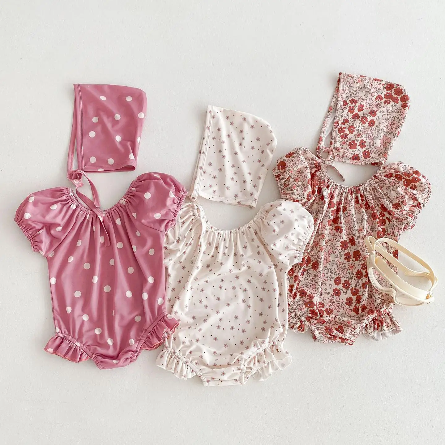 

Summer Girl Infant Floral Print Puff Sleeve Swimsuit + Cap 2pcs Baby Cotton Outdoor Beach Bathing Suit Children Casual Swimwear