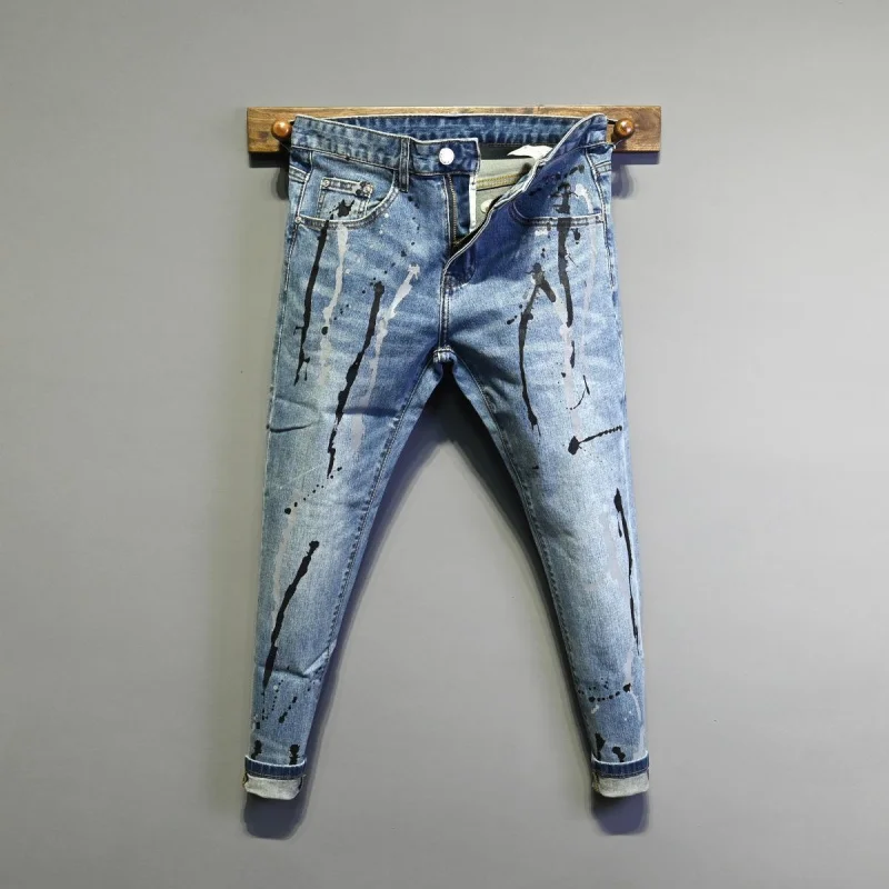 

Graffiti splashed ink jeans men's fashion street high-end slim fit trend versatile elastic washed denim small leg pants