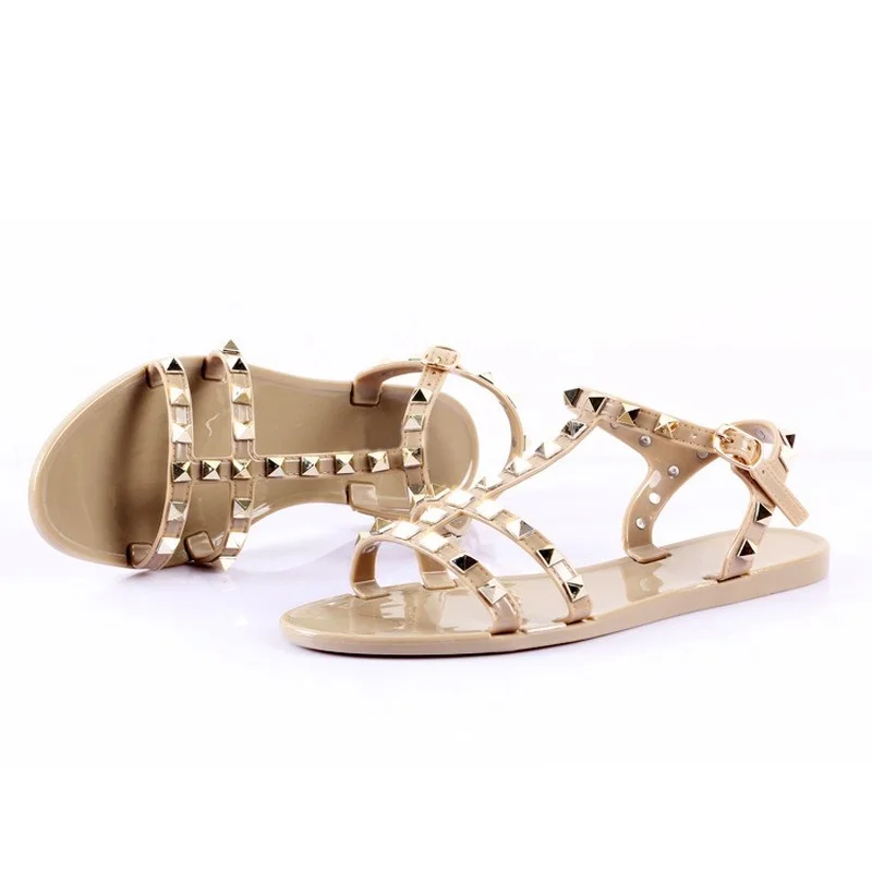 2024 Summer New Rivet Open Toe Sandals Women\'s Flat Non-slip Roman Shoes Buckle Casual Beach Shoes Jelly Shoes Women\'s Shoes