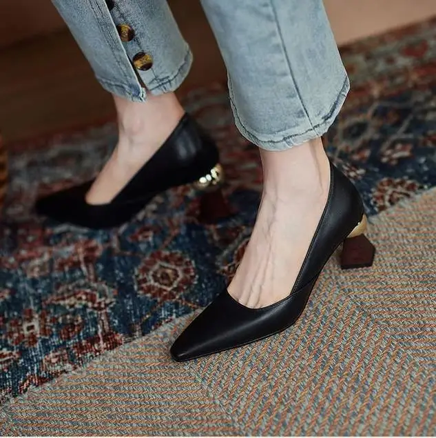 Handmade Leather Women Pumps Sexy Pointed Toe Chic Stylish Office Working Shoes Strange High Heel Stilettos Black Dress Shoes