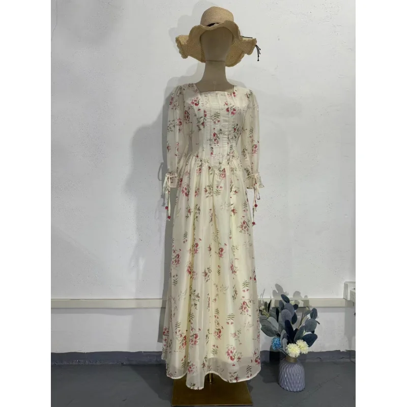 New Year Floral Fairy Intellectual Style Waist-Cinching Square Neck Tie Long Dress