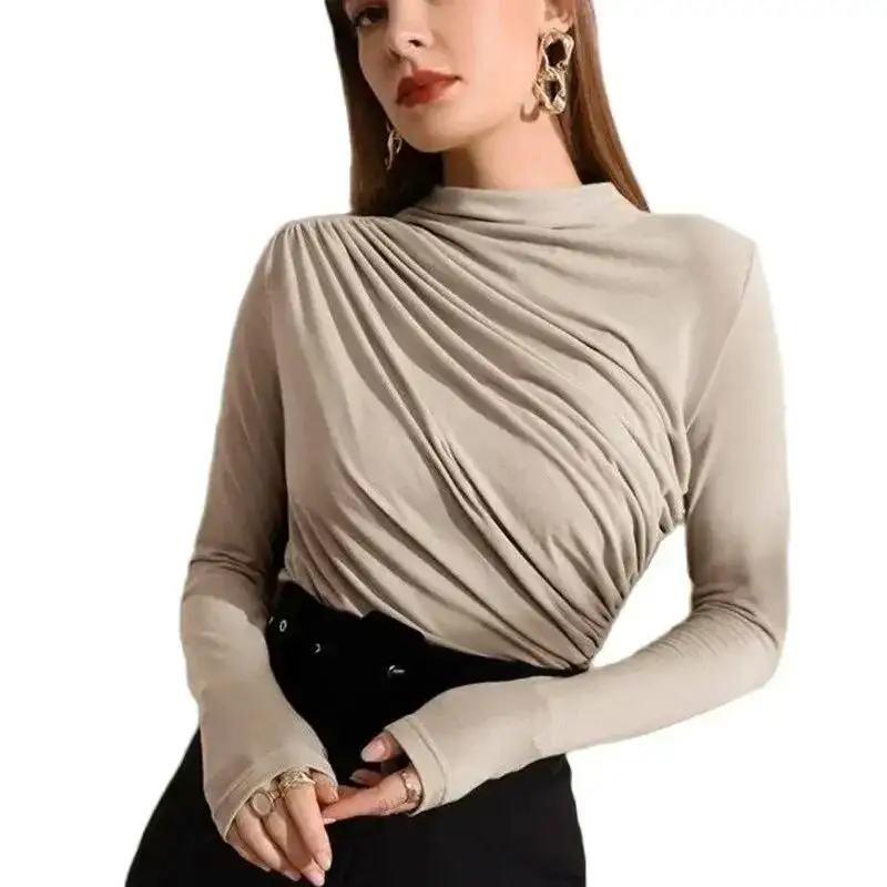 Autumn Winter Warm Fashion Pleated T-Shirt Women Solid Color Stand-Up Collar Slim Tops Female Daily Casual Trend Streetwear Tees