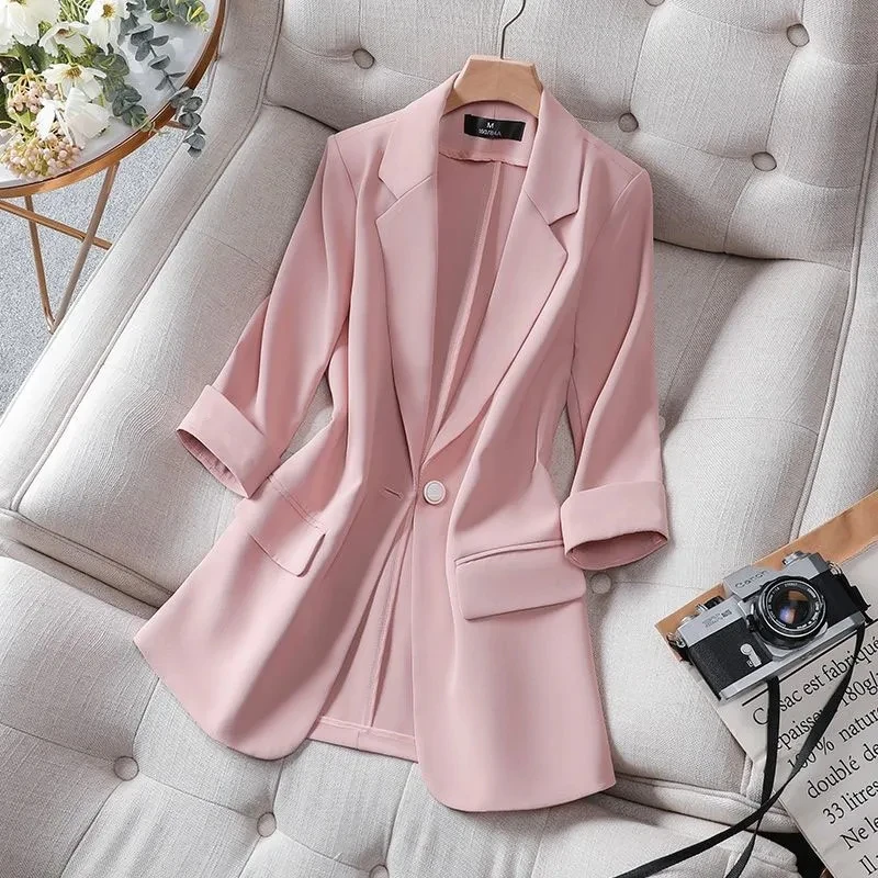 2022 Summer Solid Color Elegant Green Blazer Casual Thin Women Jacket Women\'s Korean Style V-neck Office Lady Suit Coat