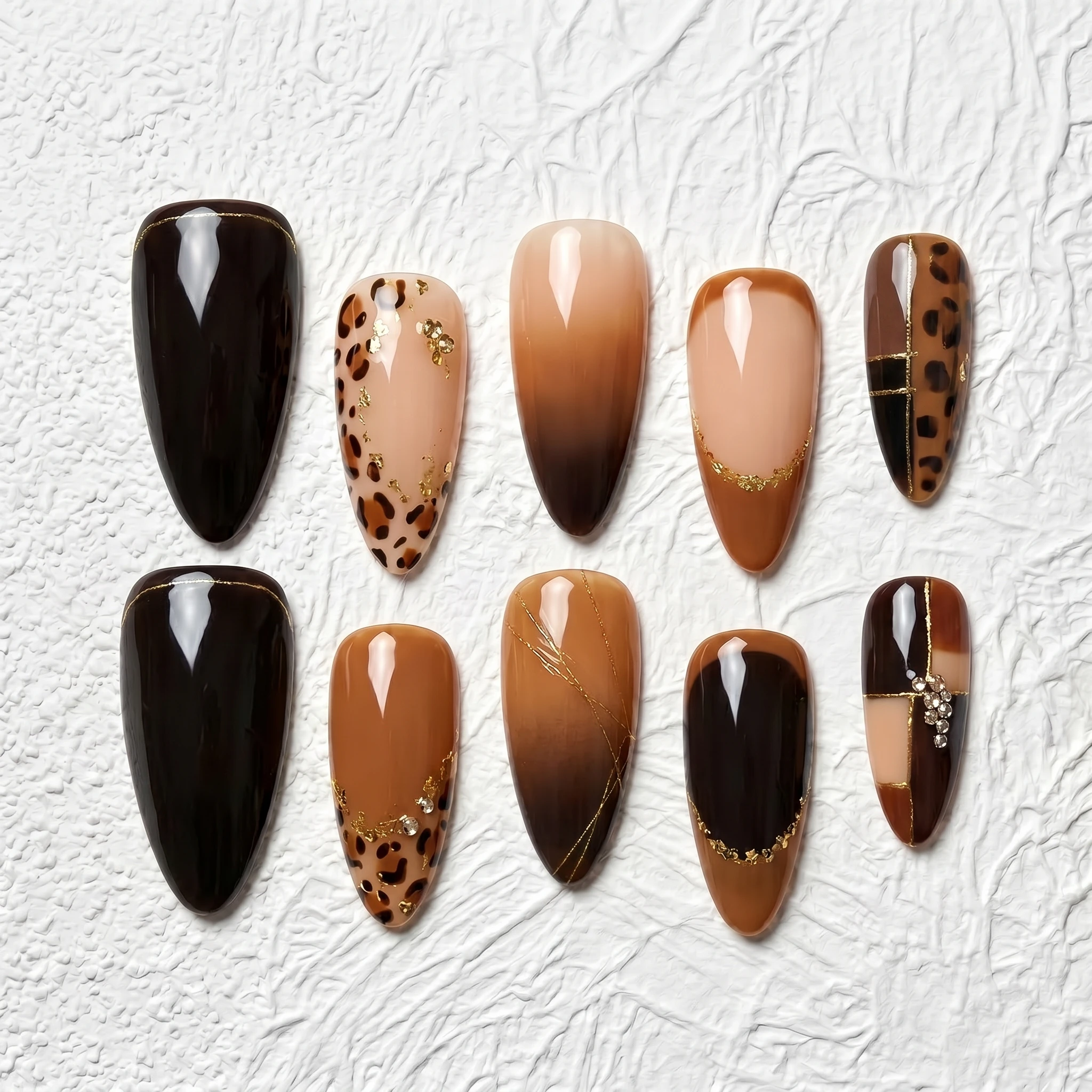 

Artisan Handcrafted 10PCS Elegant Glam Stiletto Press-On Nails | Leopard, Gold Foil, Rhinestones, Ombre Party Wear Salon Finish