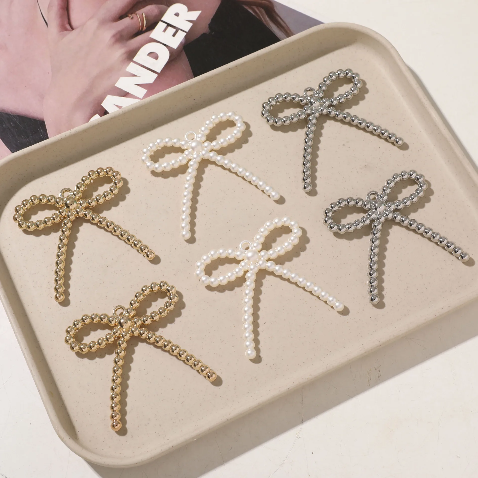 50PCS Pearl Bow Versatile Pendant 59MM Patch DIY Earrings Earrings keychain Accessories Material Decoration