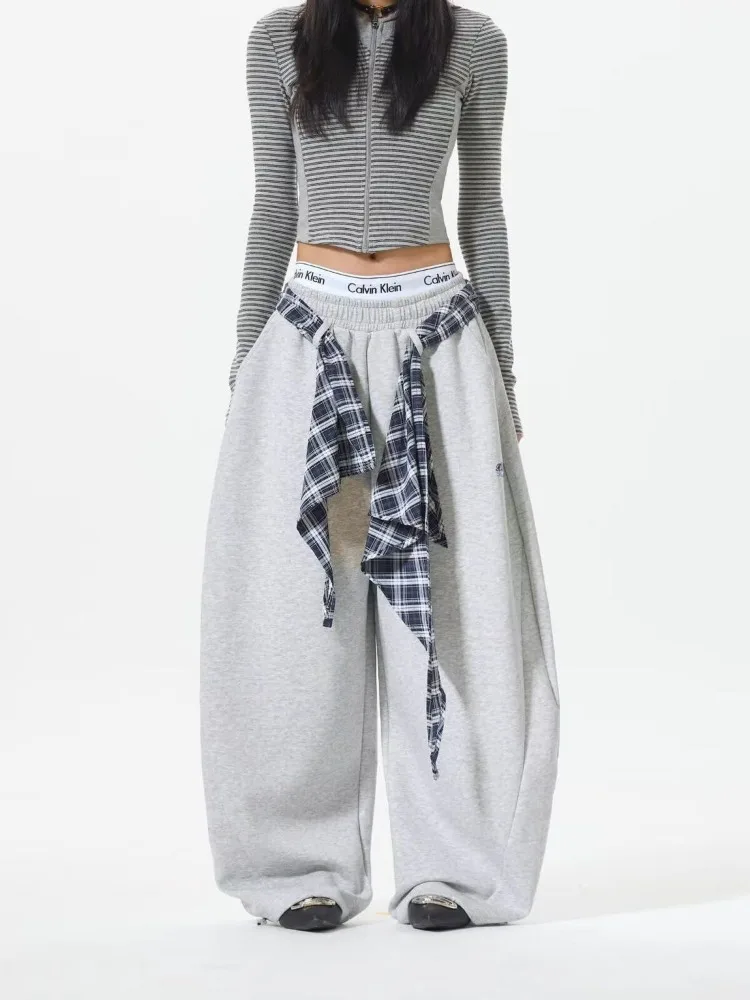 Women's Checkered Fabric Vintage Hip-hop Sweatpants Summer Unisex Pants Girl Wide Leg Bottoms Female High Waisted Baggy Trousers
