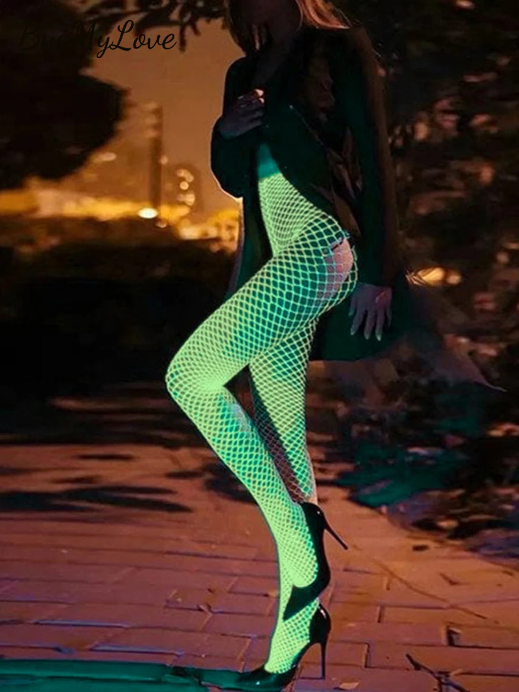 

ByeMyLove Fluorescent Tights Luminous Fishing Net Stockings Slim Sexy Fashion Modern Stylish Stockings Women See Through Hole