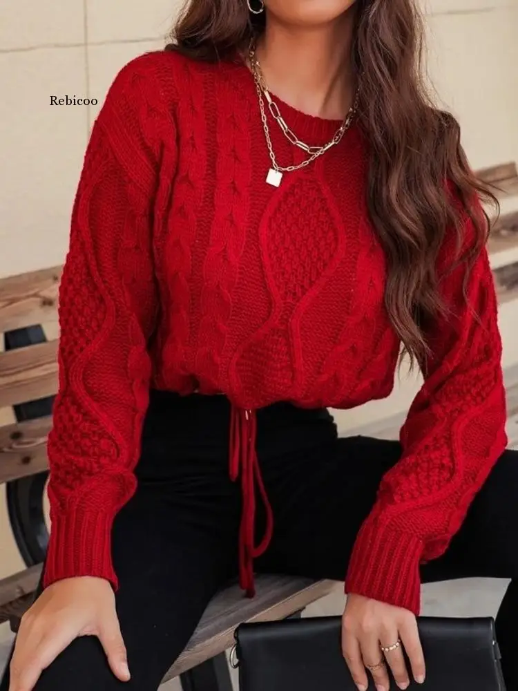 

Winter Women Sweater Solid Round Neck Loose High Short Top Sweater Red Pull-Up Waist Sweater Cable Knit Drawstring Sweater